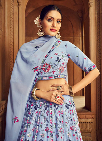 Classic Floral Thread Embroidered Sky Blue Georgette Lehenga